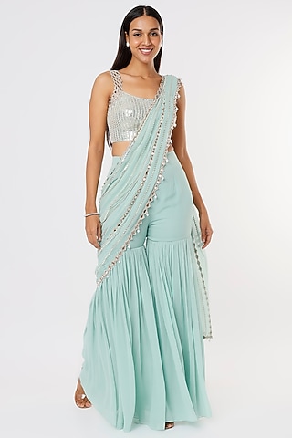 Mint Georgette Raw Silk & Georgette Mirror Work Sharara Saree Set by Kresha Lulla
