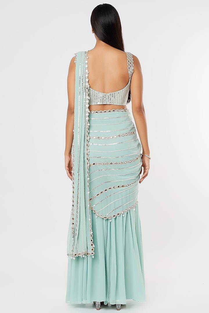 Mint Georgette Raw Silk & Georgette Mirror Work Sharara Wedding Saree Set by Kresha Lulla at Pernia's Pop Up Shop