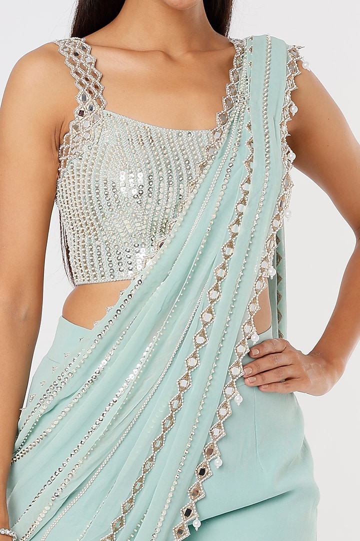 Mint Georgette Raw Silk & Georgette Mirror Work Sharara Wedding Saree Set by Kresha Lulla at Pernia's Pop Up Shop