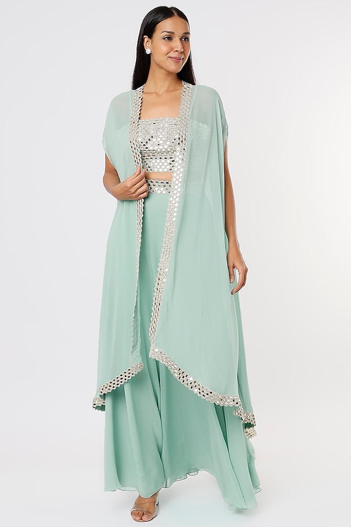 Mint Georgette Skirt Set With Cape by Kresha Lulla