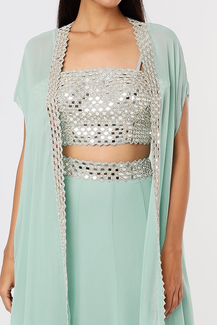 Mint Georgette Skirt Set With Cape by Kresha Lulla at Pernia's Pop Up Shop