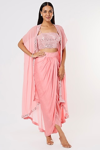Bubblegum Pink Satin Dhoti Set With Cape by Kresha Lulla