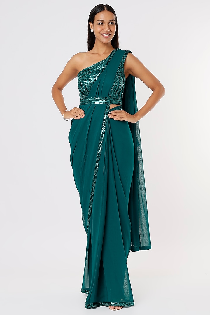 Teal Green Embroidered Saree Set With Belt by Kresha Lulla