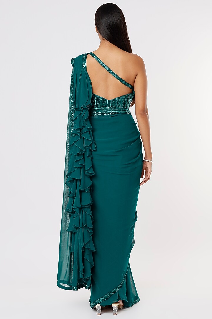Teal Green Embroidered Wedding Saree Set With Belt by Kresha Lulla at Pernia's Pop Up Shop