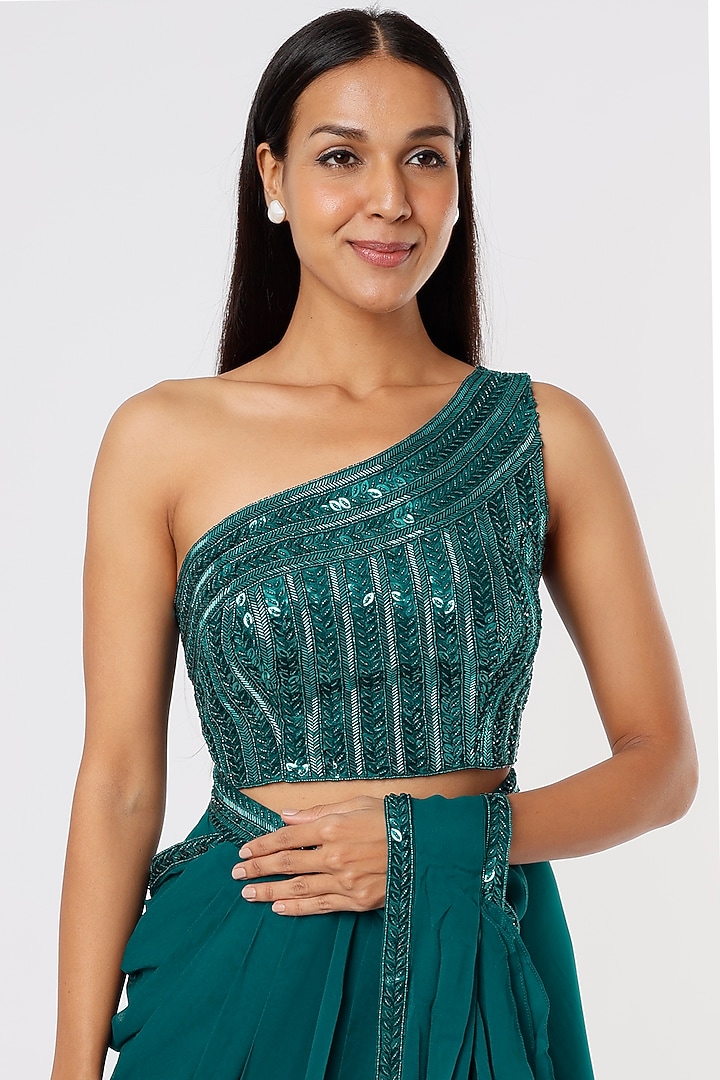 Teal Green Embroidered Wedding Saree Set With Belt by Kresha Lulla at Pernia's Pop Up Shop