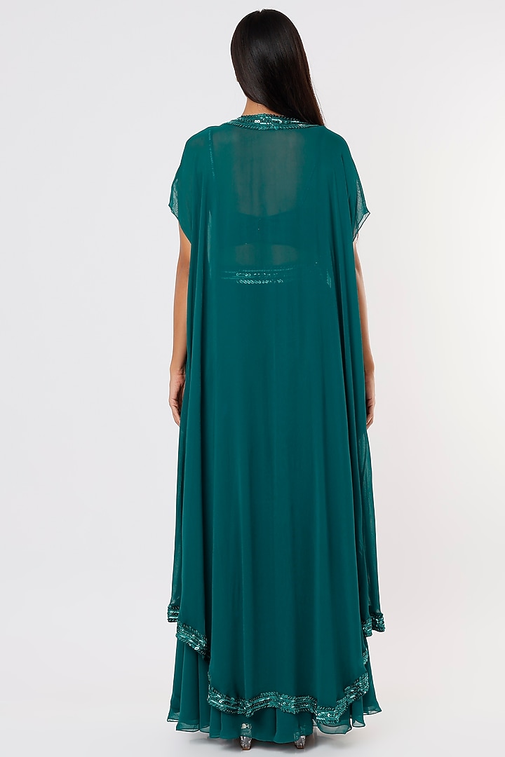 Teal Green Georgette Skirt Set With Cape by Kresha Lulla at Pernia's Pop Up Shop