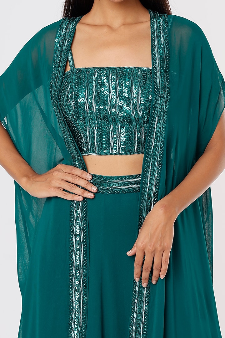 Teal Green Georgette Skirt Set With Cape by Kresha Lulla at Pernia's Pop Up Shop