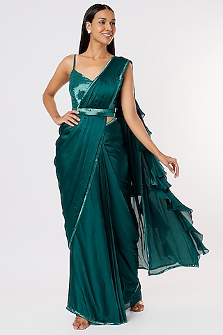 Teal Green Embroidered Ruffled Saree Set by Kresha Lulla