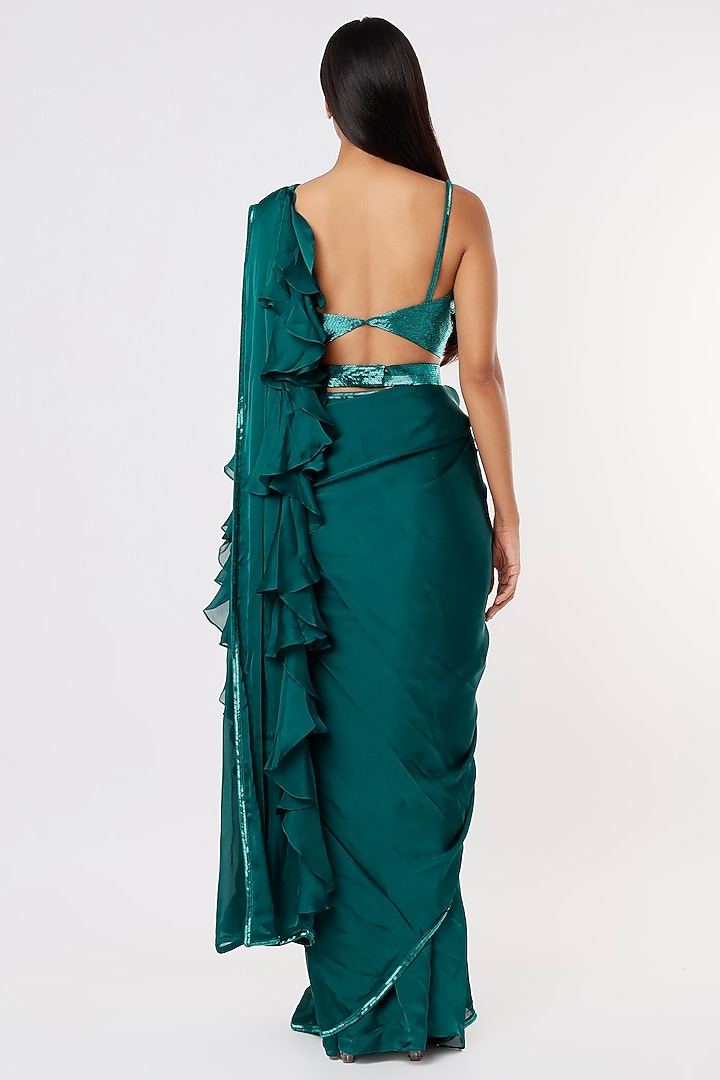 Teal Green Embroidered Ruffled Wedding Saree Set by Kresha Lulla at Pernia's Pop Up Shop