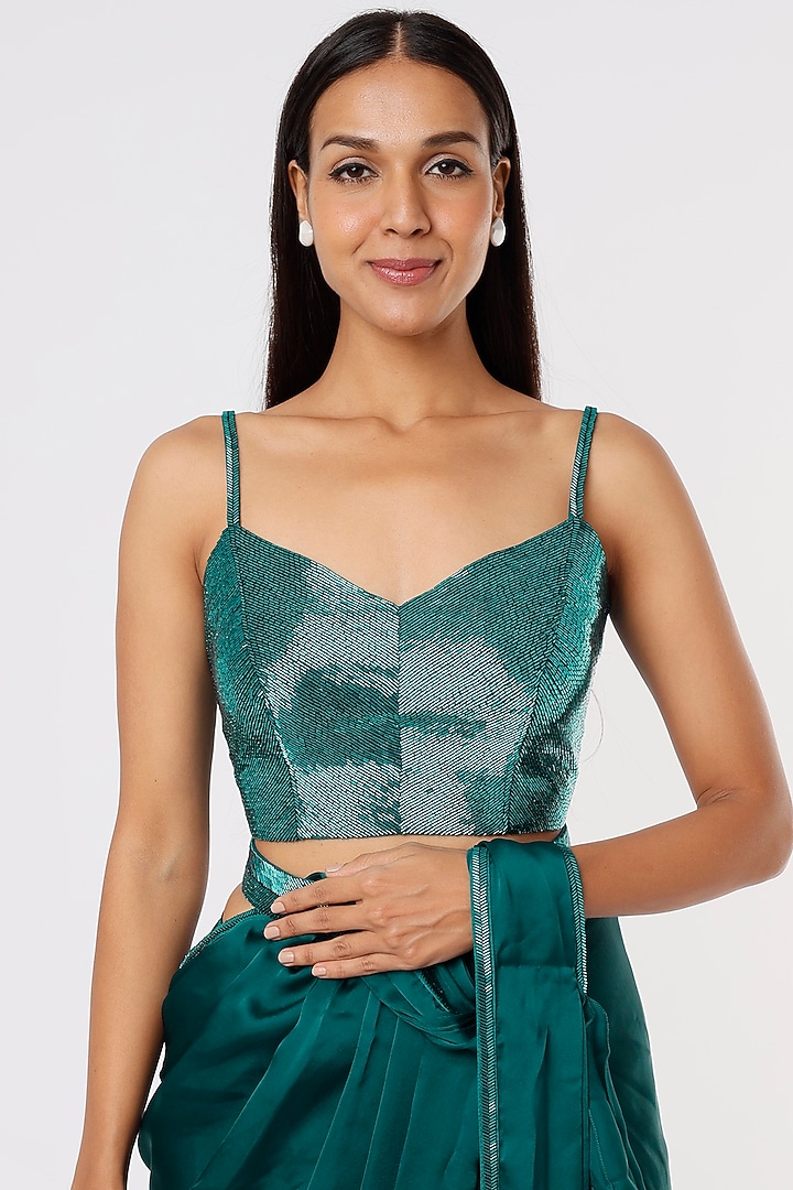 Teal Green Embroidered Ruffled Wedding Saree Set by Kresha Lulla at Pernia's Pop Up Shop