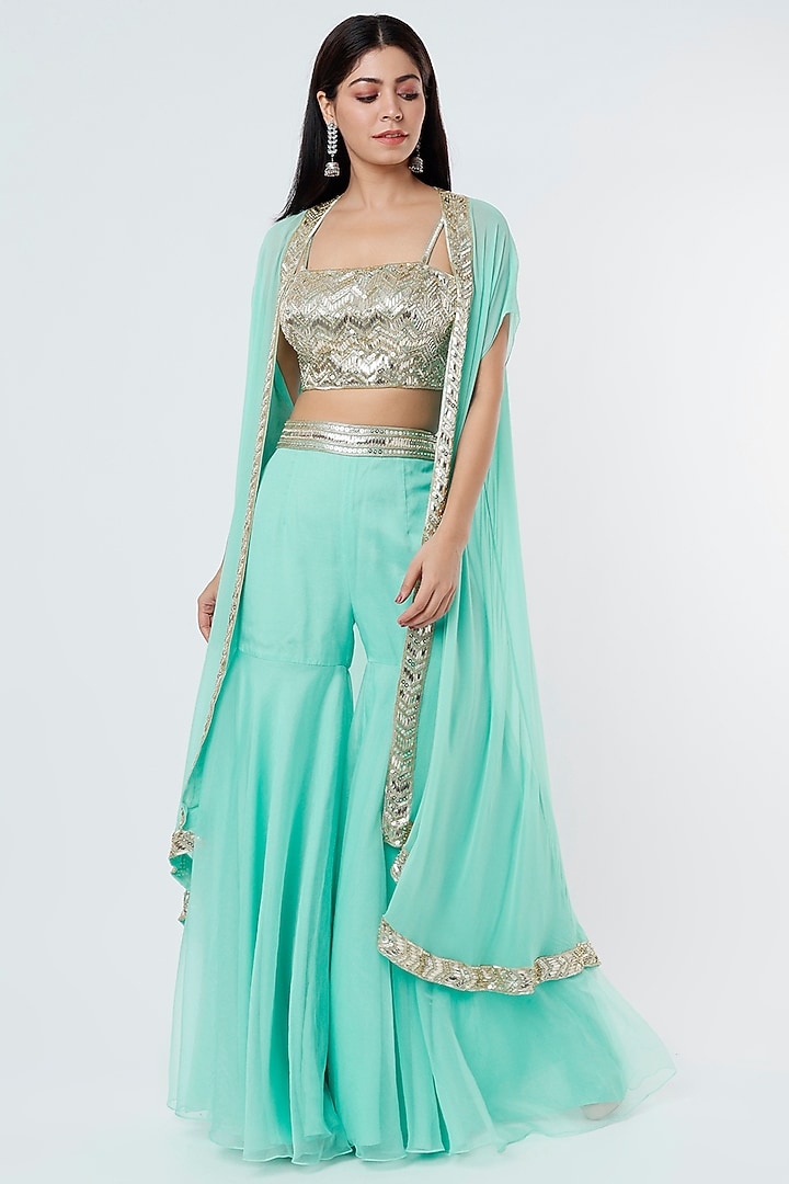 Aqua Embroidered Cape Set by Kresha Lulla at Pernia's Pop Up Shop