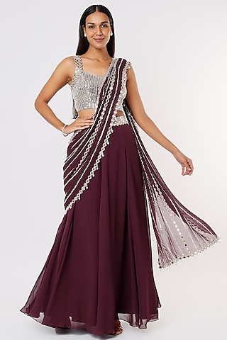 Wine Georgette Mirror Embroidered Lehenga Saree Set by Kresha Lulla