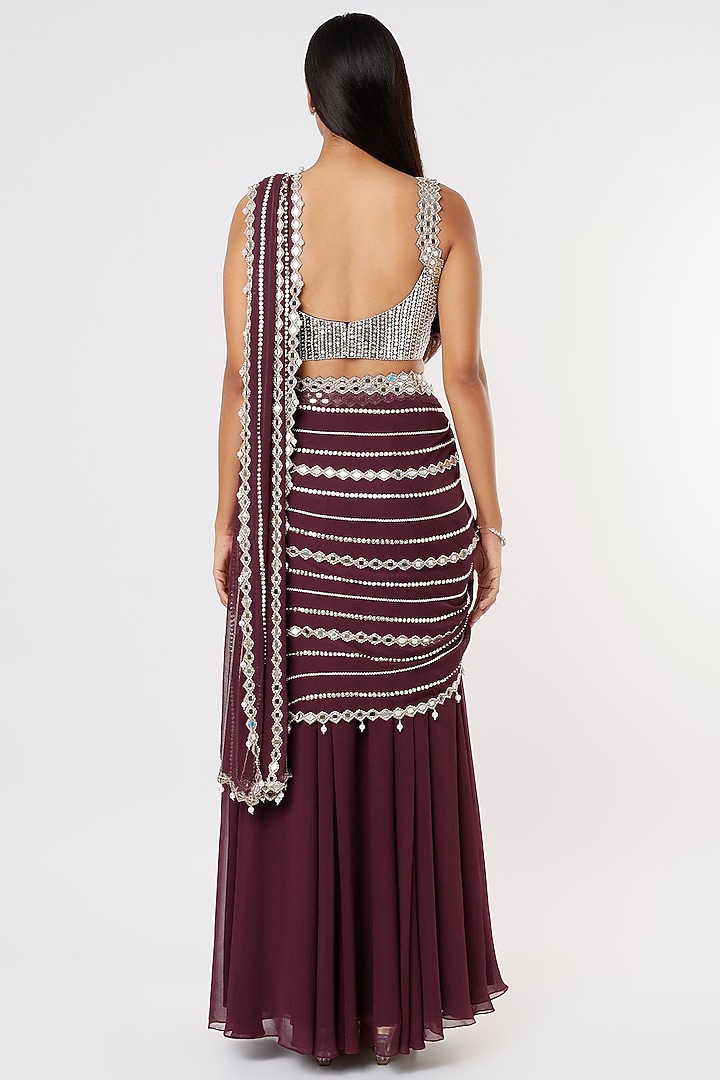 Wine Georgette Mirror Embroidered Wedding Lehenga Saree Set by Kresha Lulla at Pernia's Pop Up Shop
