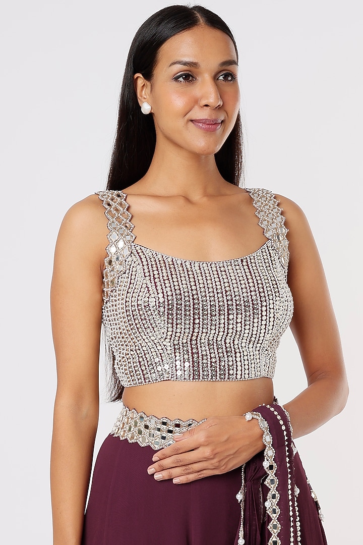 Wine Georgette Mirror Embroidered Wedding Lehenga Saree Set by Kresha Lulla at Pernia's Pop Up Shop
