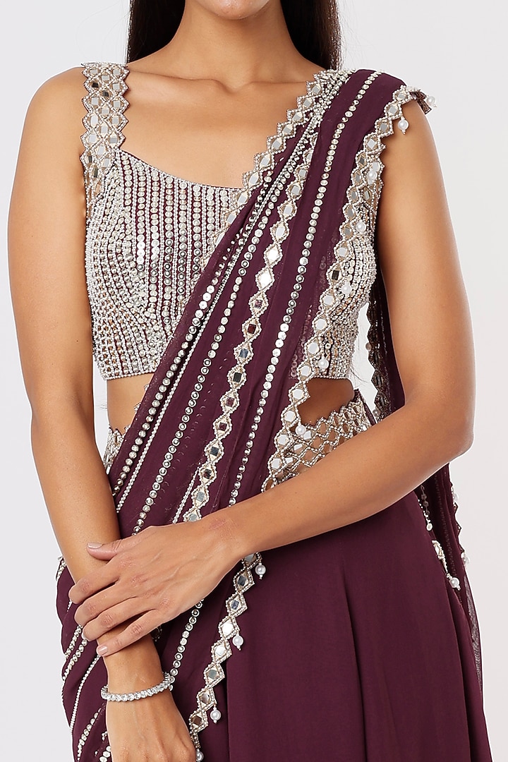 Wine Georgette Mirror Embroidered Wedding Lehenga Saree Set by Kresha Lulla at Pernia's Pop Up Shop