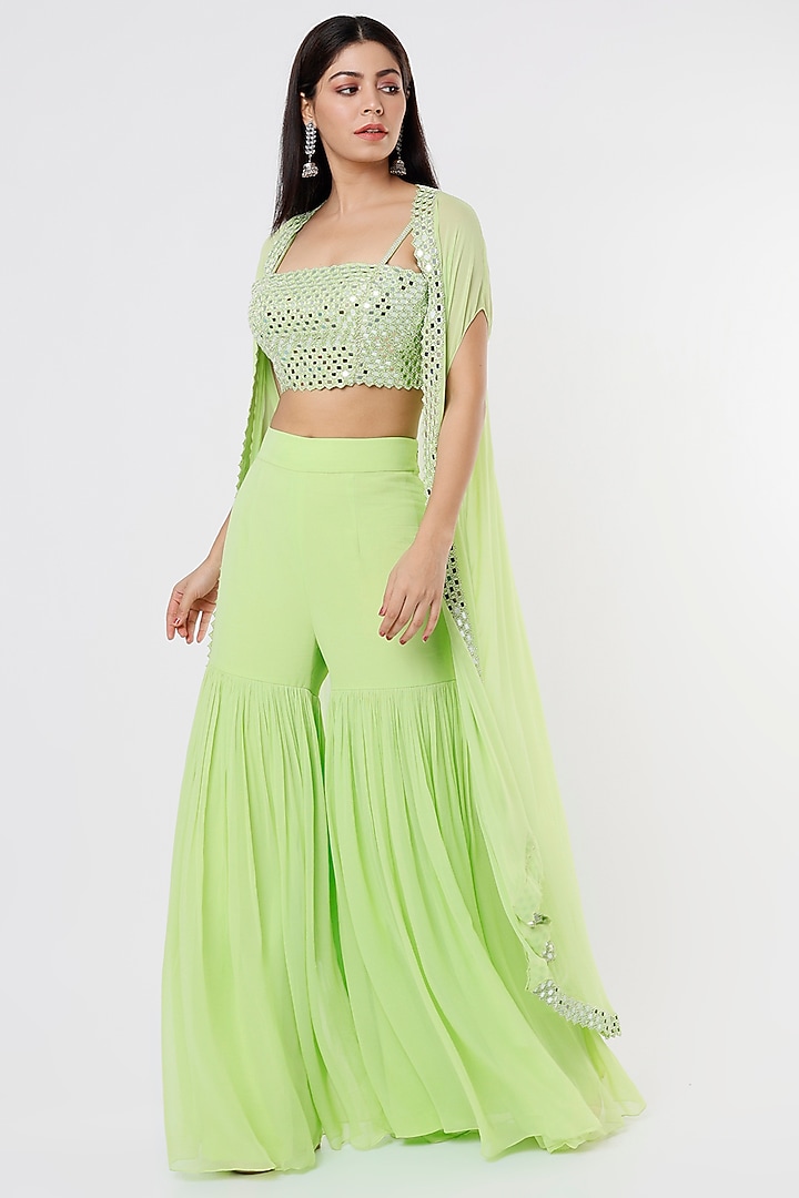 Lime Embroidered Cape Set by Kresha Lulla at Pernia's Pop Up Shop
