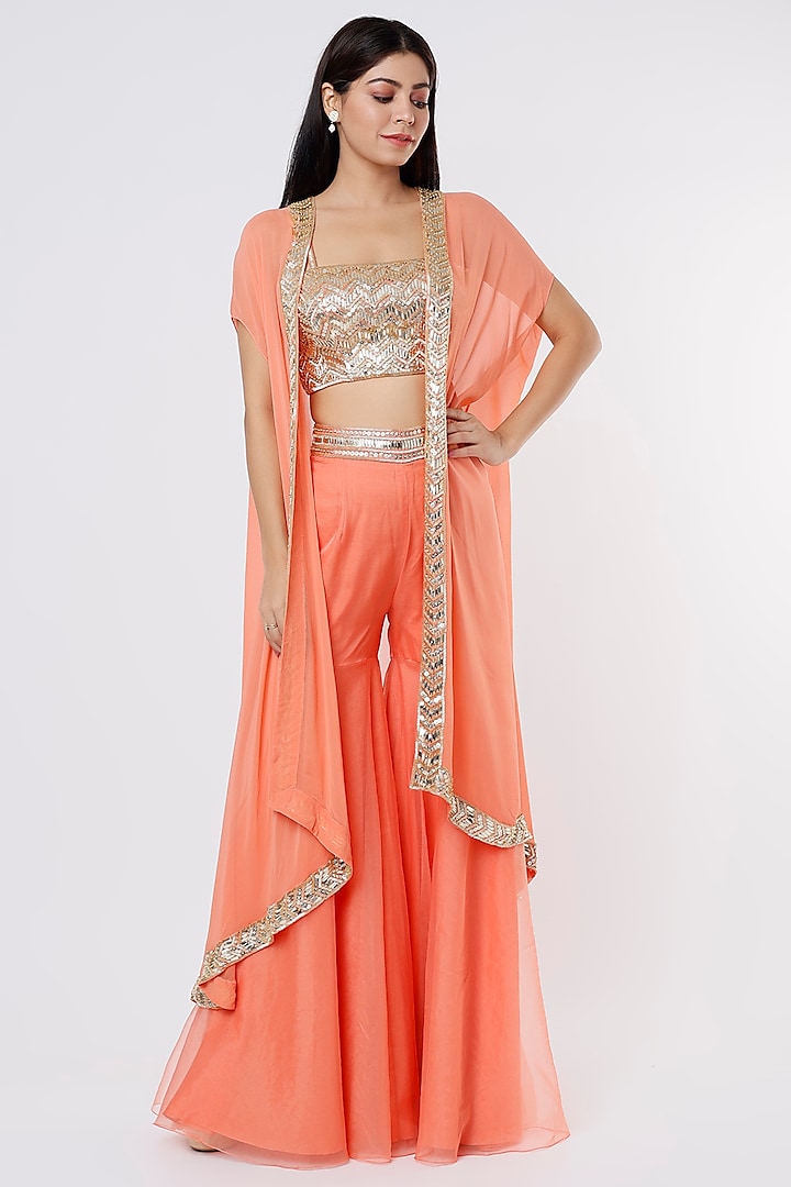 Orange Georgette & Organza Sequins Embroidered Cape Set by Kresha Lulla at Pernia's Pop Up Shop