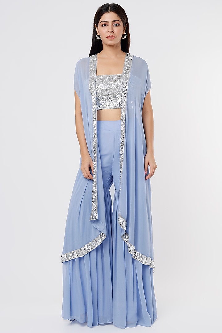 Periwinkle Blue Embroidered Cape Set by Kresha Lulla at Pernia's Pop Up Shop