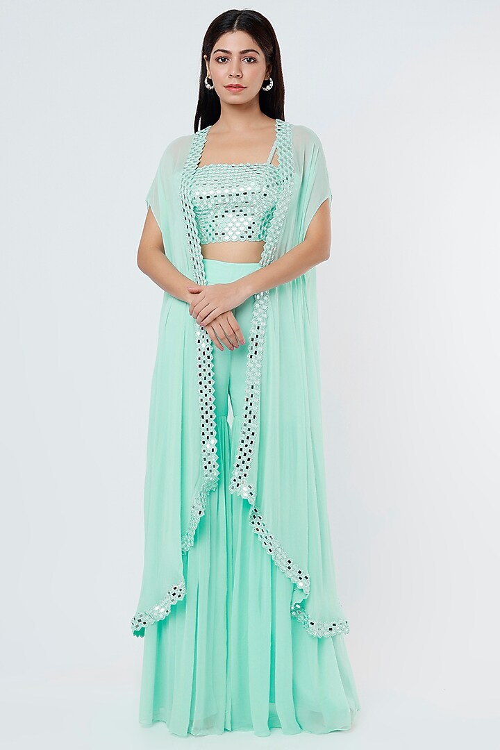 Aqua Mirror Embroidered Cape Set by Kresha Lulla at Pernia's Pop Up Shop