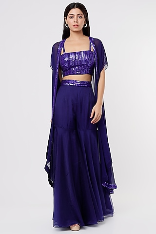 Royal Blue Embroidered Cape Set by Kresha Lulla