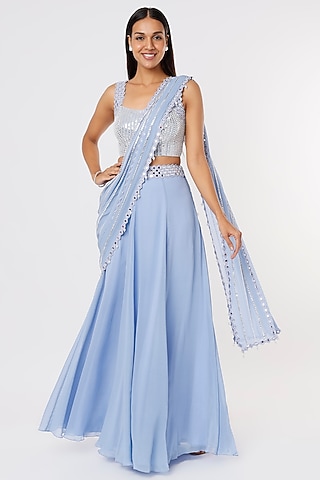 Periwinkle Blue Raw Silk & Georgette Mirror Work Lehenga Saree Set by Kresha Lulla