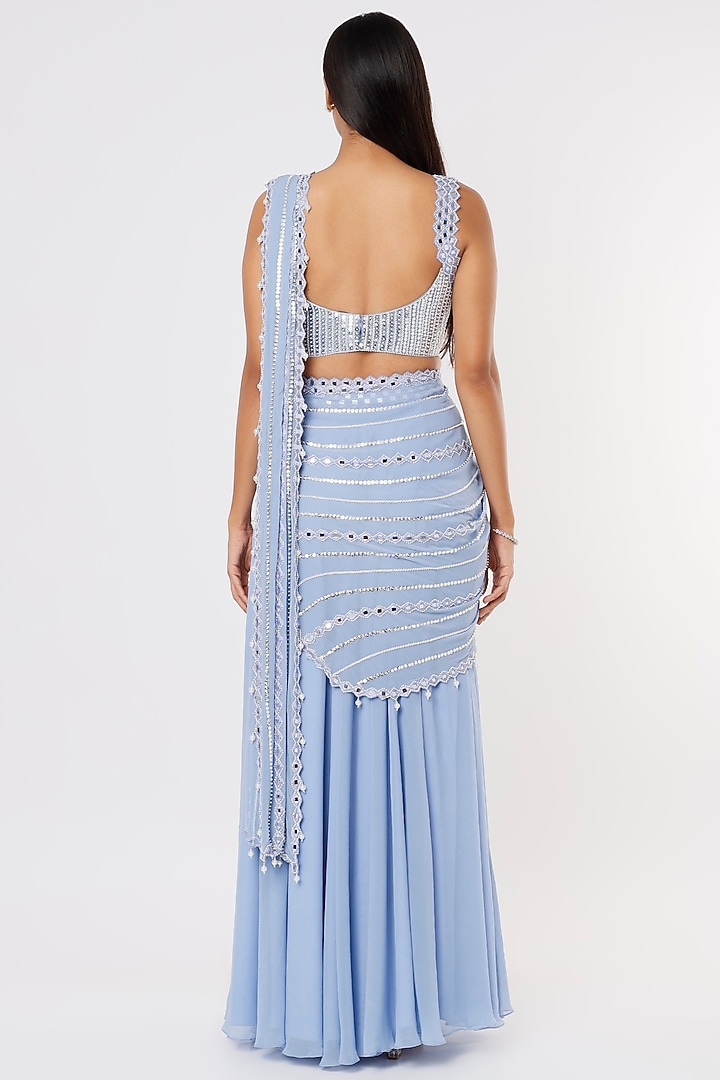 Periwinkle Blue Raw Silk & Georgette Mirror Work Wedding Lehenga Saree Set by Kresha Lulla at Pernia's Pop Up Shop