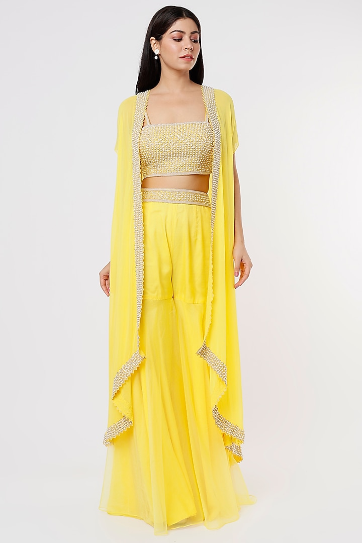 Yellow Pearl Embroidered Cape Set by Kresha Lulla at Pernia's Pop Up Shop