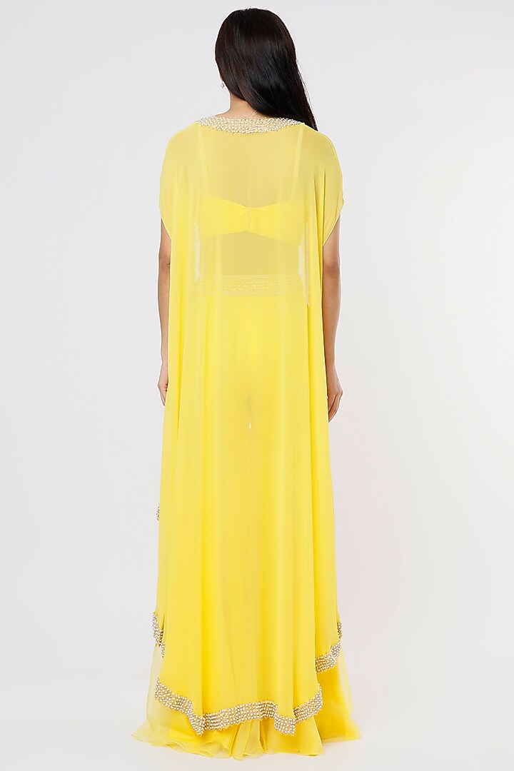 Yellow Georgette & Organza Pearl Embroidered Cape Set by Kresha Lulla at Pernia's Pop Up Shop