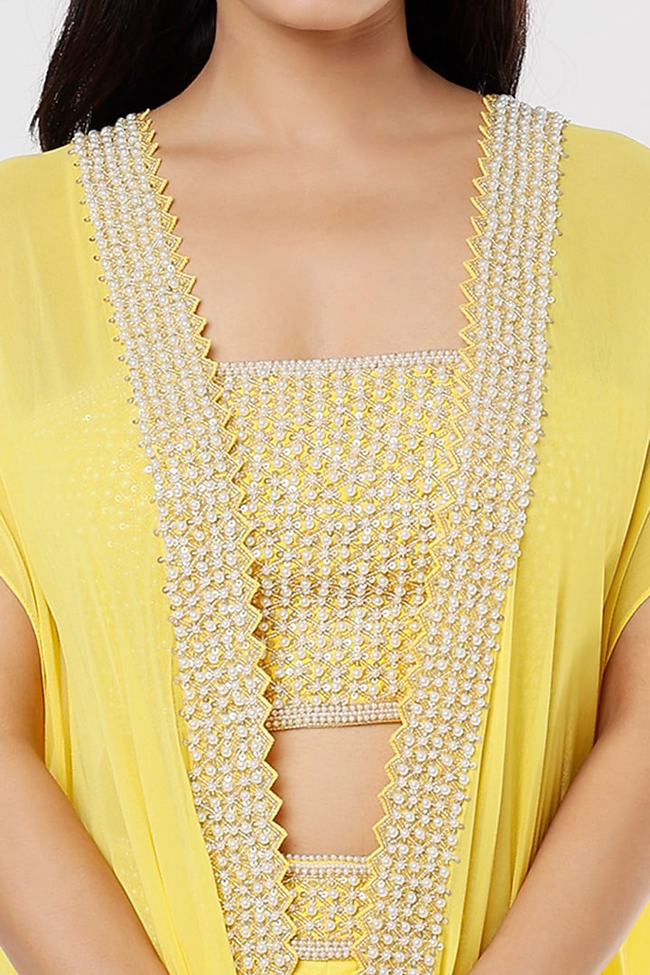 Yellow Georgette & Organza Pearl Embroidered Cape Set by Kresha Lulla at Pernia's Pop Up Shop