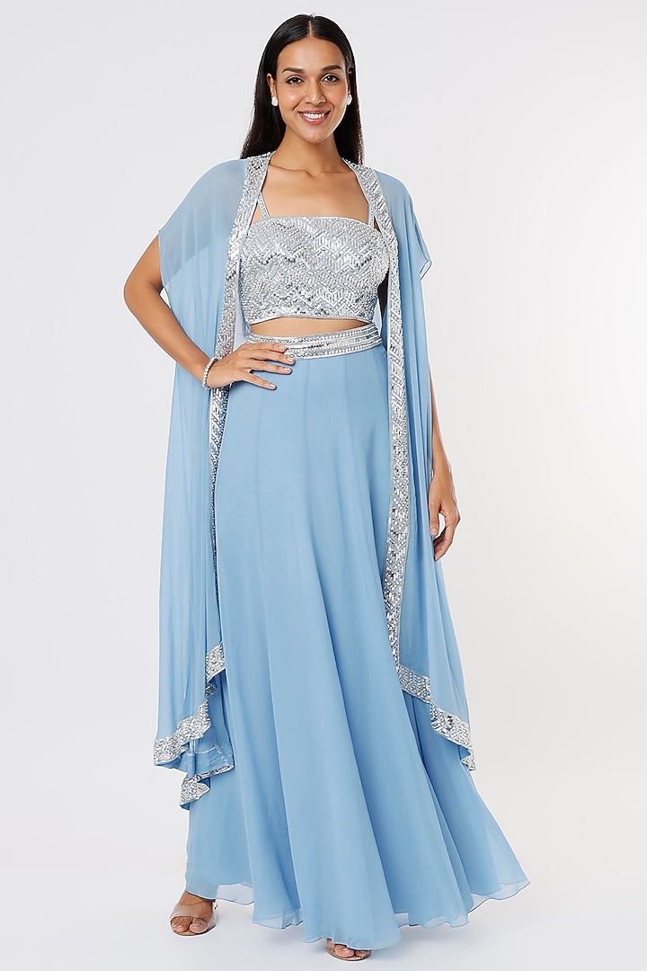 Ferozi Blue Georgette Skirt Set With Cape by Kresha Lulla at Pernia's Pop Up Shop
