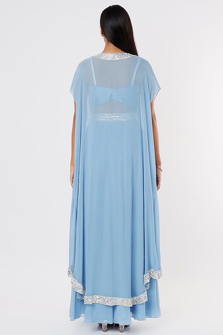 Ferozi Blue Georgette Skirt Set With Cape by Kresha Lulla at Pernia's Pop Up Shop