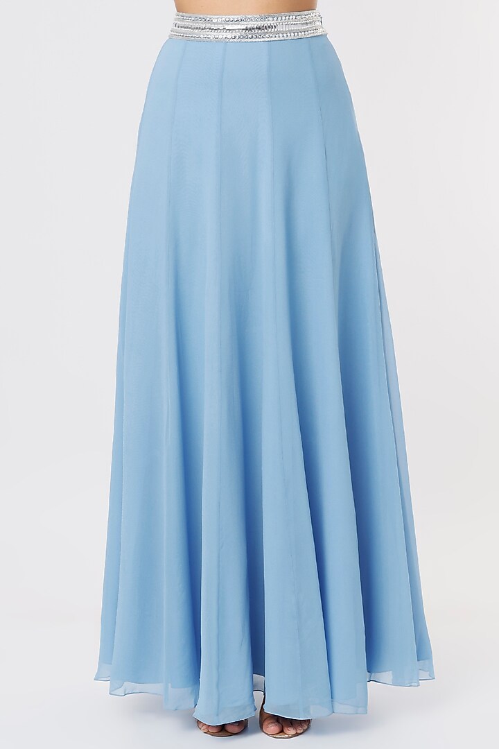 Ferozi Blue Georgette Skirt Set With Cape by Kresha Lulla at Pernia's Pop Up Shop