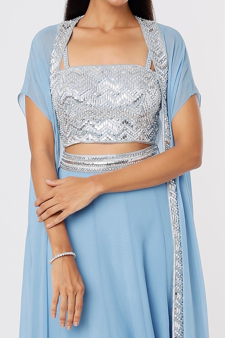 Ferozi Blue Georgette Skirt Set With Cape by Kresha Lulla at Pernia's Pop Up Shop