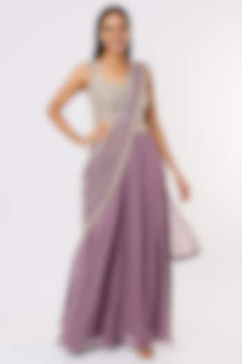 Mauve Raw Silk & Georgette Sequins Work Lehenga Saree Set by Kresha Lulla at Pernia's Pop Up Shop