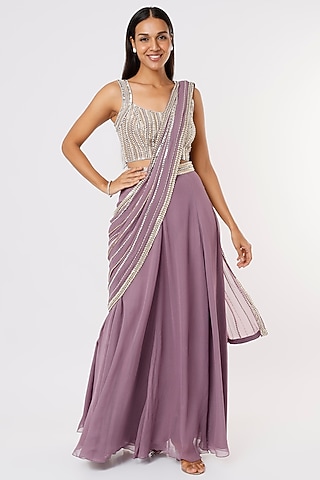 Mauve Raw Silk & Georgette Sequins Work Lehenga Saree Set by Kresha Lulla