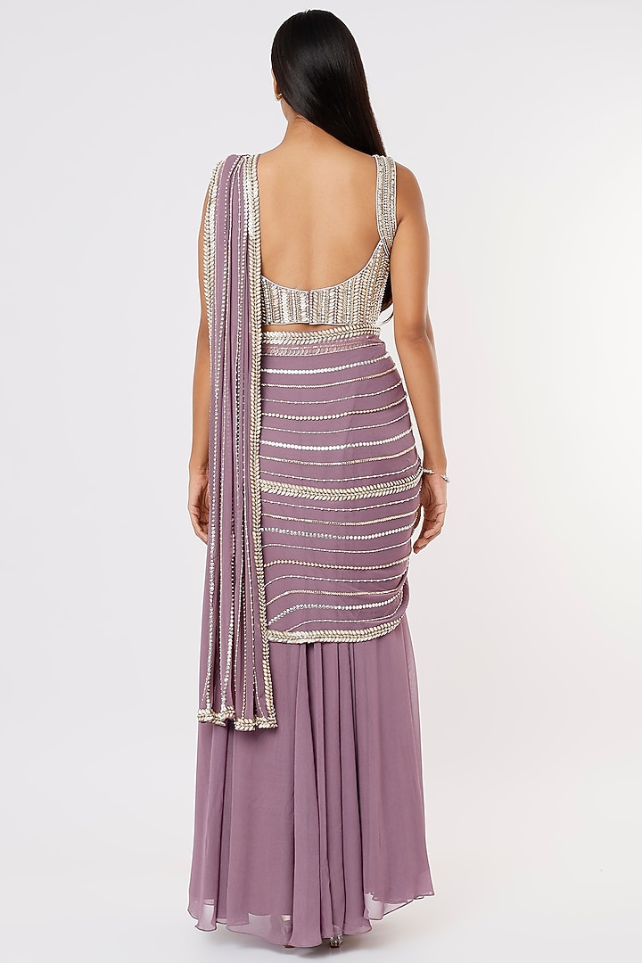 Mauve Raw Silk & Georgette Sequins Work Wedding Lehenga Saree Set by Kresha Lulla at Pernia's Pop Up Shop
