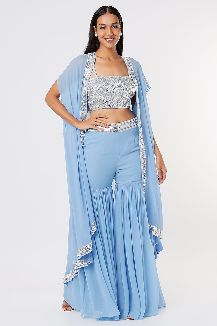 Ferozi Blue Georgette Pant Set With Cape by Kresha Lulla at Pernia's Pop Up Shop