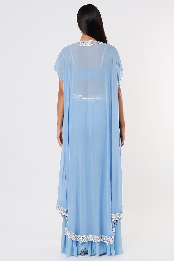Ferozi Blue Georgette Pant Set With Cape by Kresha Lulla at Pernia's Pop Up Shop