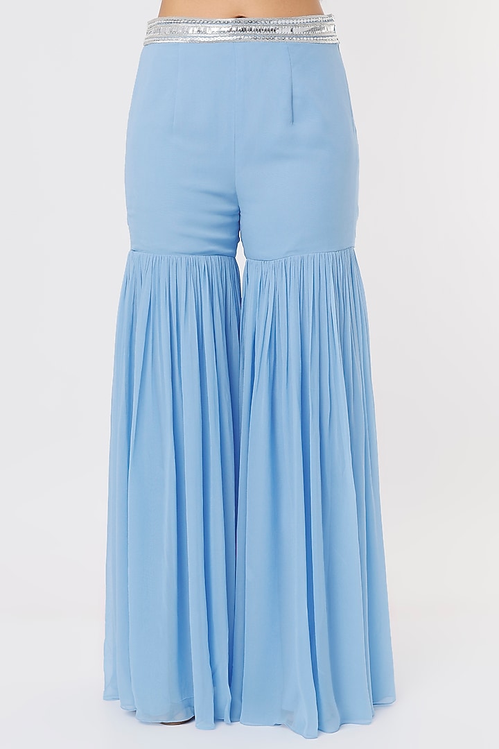 Ferozi Blue Georgette Pant Set With Cape by Kresha Lulla at Pernia's Pop Up Shop