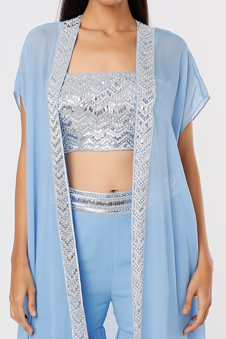 Ferozi Blue Georgette Pant Set With Cape by Kresha Lulla at Pernia's Pop Up Shop