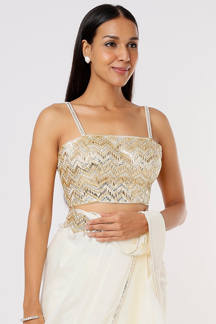 Ivory & Gold Embroidered Wedding Saree Set by Kresha Lulla at Pernia's Pop Up Shop