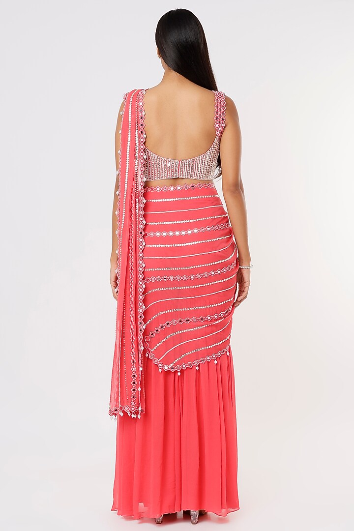 Bright Pink Georgette Raw Silk & Georgette Mirror Work Sharara Wedding Saree Set by Kresha Lulla at Pernia's Pop Up Shop