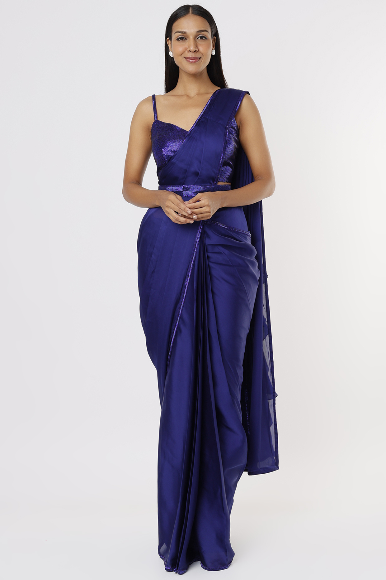 Blue Embroidered Wedding Saree Set by Kresha Lulla at Pernia's Pop Up Shop