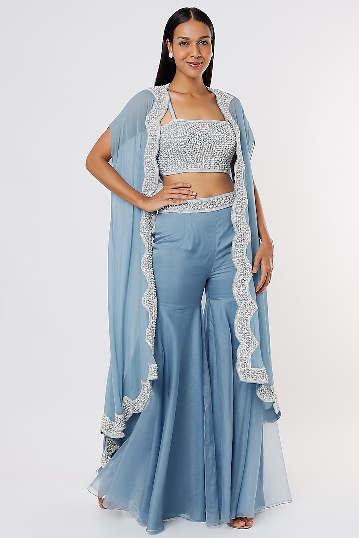 Greyish Blue Georgette Wedding Sharara Set by Kresha Lulla at Pernia's Pop Up Shop