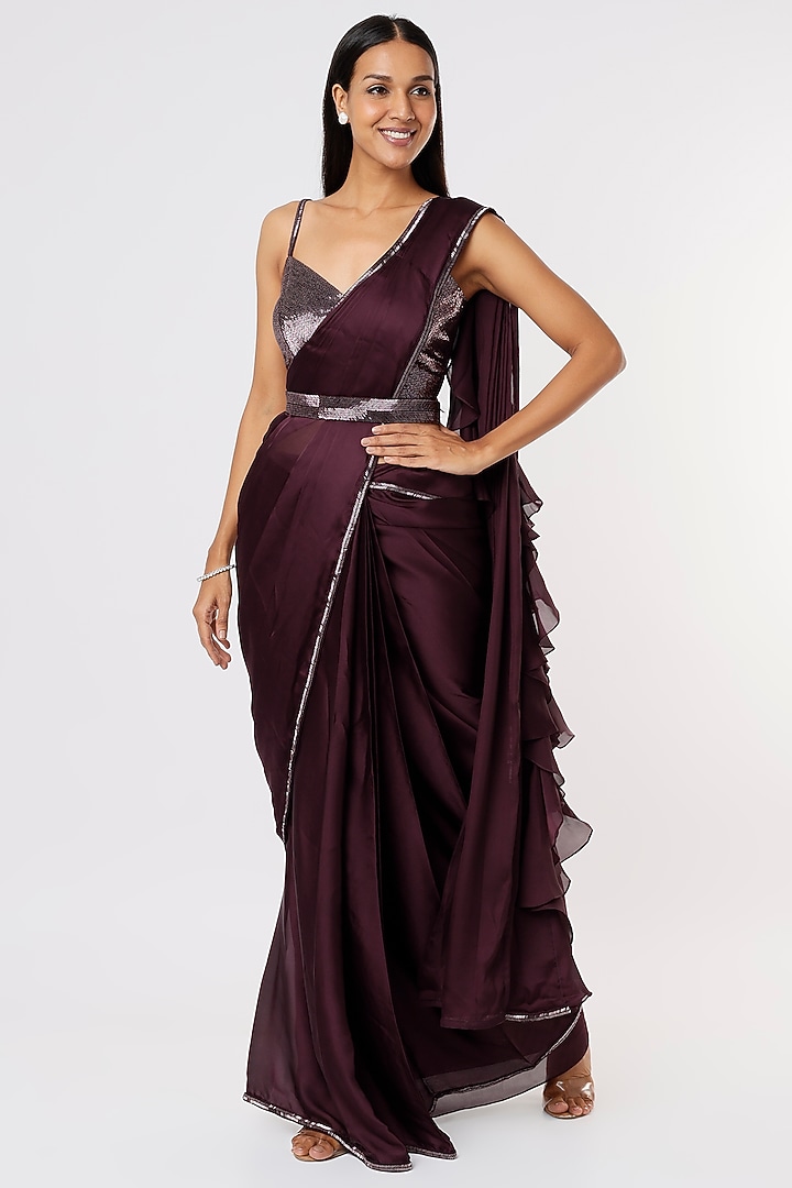 Purple Embroidered Wedding Saree Set by Kresha Lulla at Pernia's Pop Up Shop