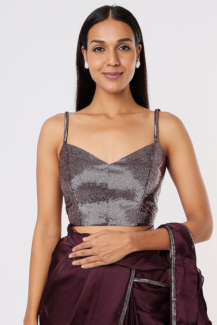 Purple Embroidered Wedding Saree Set by Kresha Lulla at Pernia's Pop Up Shop
