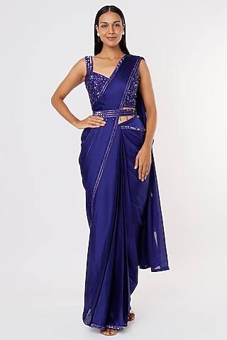 Royal Blue Embroidered Saree Set by Kresha Lulla