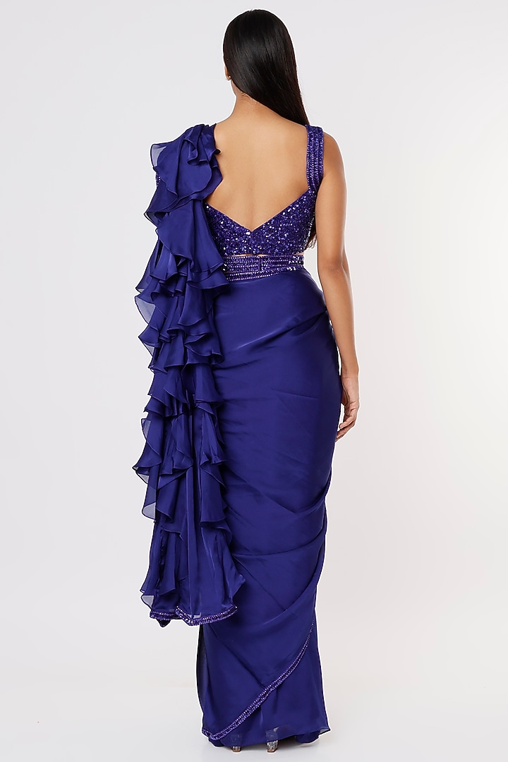 Royal Blue Embroidered Wedding Saree Set by Kresha Lulla at Pernia's Pop Up Shop