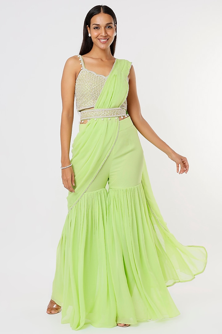 Lime Green Georgette Raw Silk & Georgette Sequins Embroidered Sharara Wedding Saree Set by Kresha Lulla at Pernia's Pop Up Shop