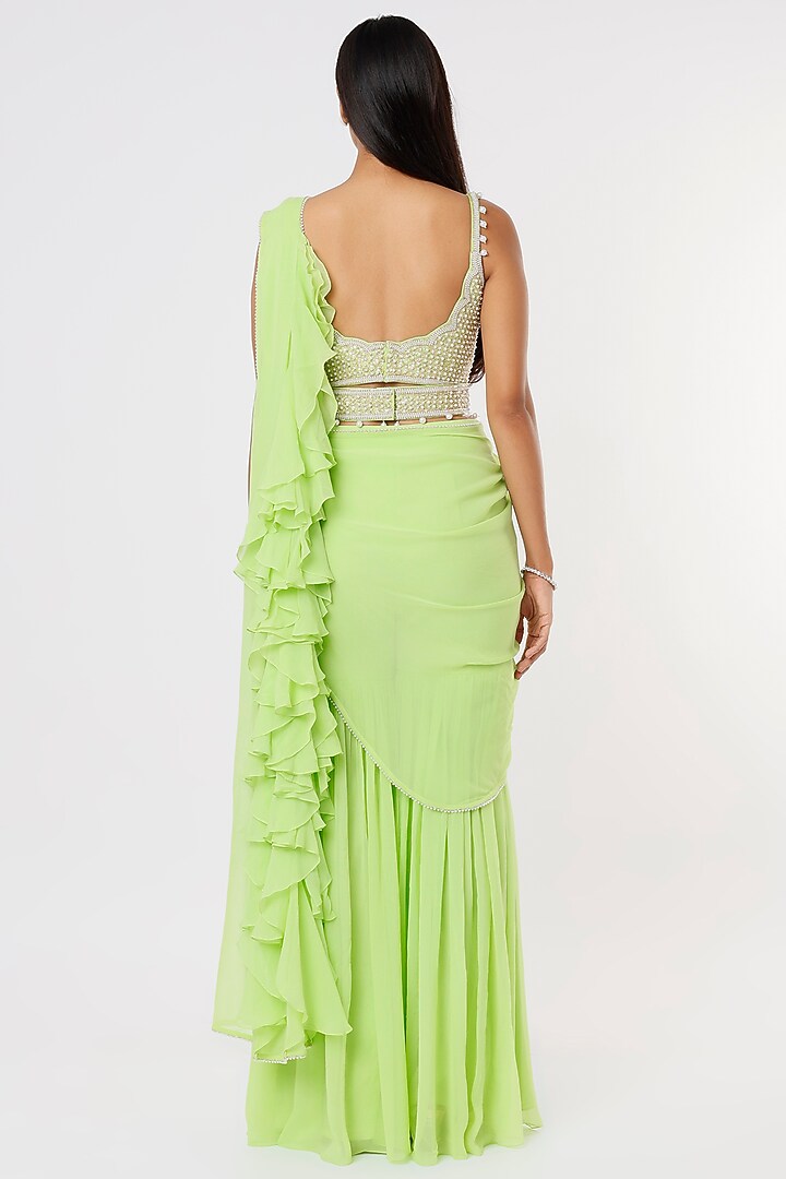 Lime Green Georgette Raw Silk & Georgette Sequins Embroidered Sharara Wedding Saree Set by Kresha Lulla at Pernia's Pop Up Shop